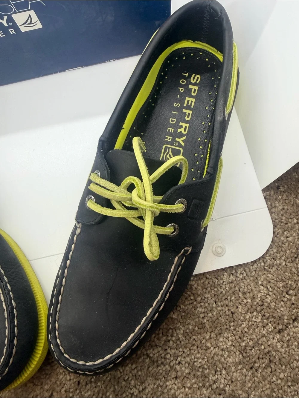 Sperry Men’s Black Boat Shoes with Neon Yellow Accents